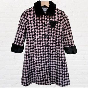 Rothschild Pink Black Houndstooth Winter Dress Fur Trimmed Pleated Pea Coat 6